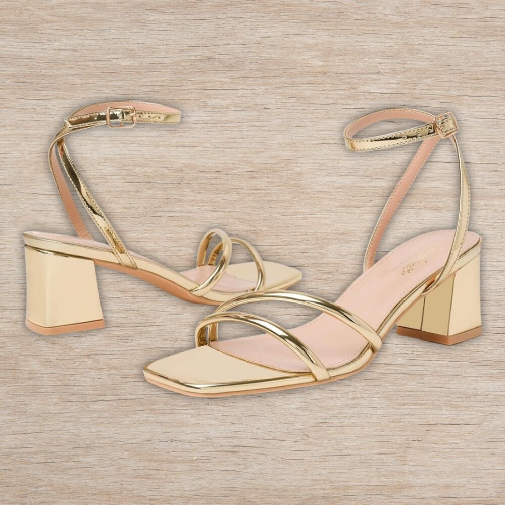 NEW Gold Heeled Sandals Chunky Block Strappy Square Open Toe Ankle Buckle Sz 9